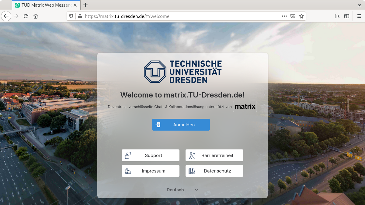 Willkommensbildschirm des TU Dresden Element Web Clients