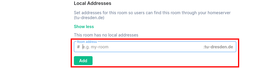 Room settings with the local addresses selected