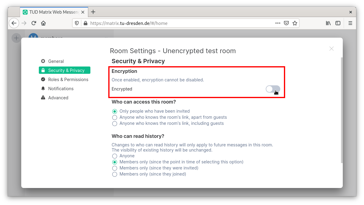 Enable encryption in the room settings