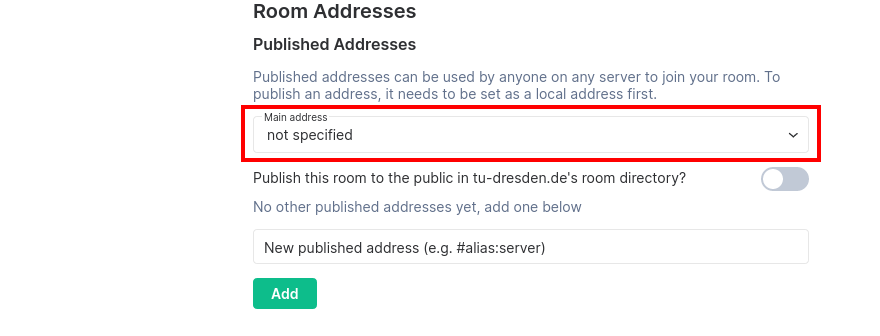 room settings with the public room address selected