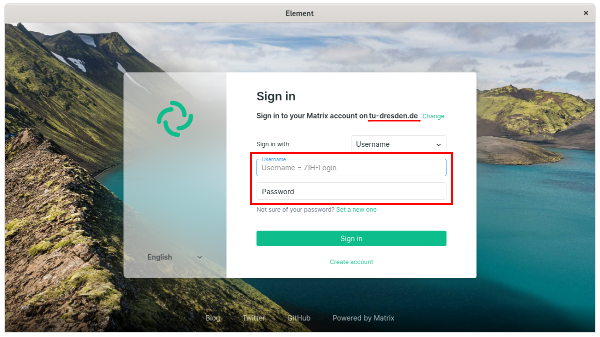 Login window with request to enter ZIH login and password