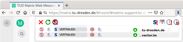 Einstellungen des Browserplugins NoScript mit tu-dresden.de und vector.im als vertrauenswürdige Skriptquellen ausgewählt