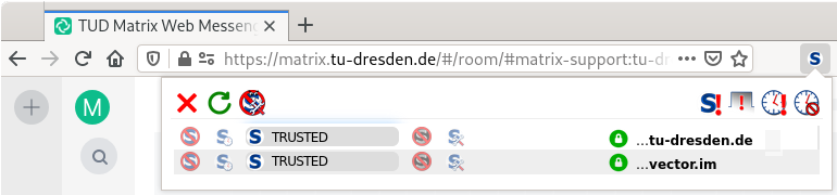 Browser plugin settings NoScript with tu-dresden.de and vector.im selected as trusted script sources