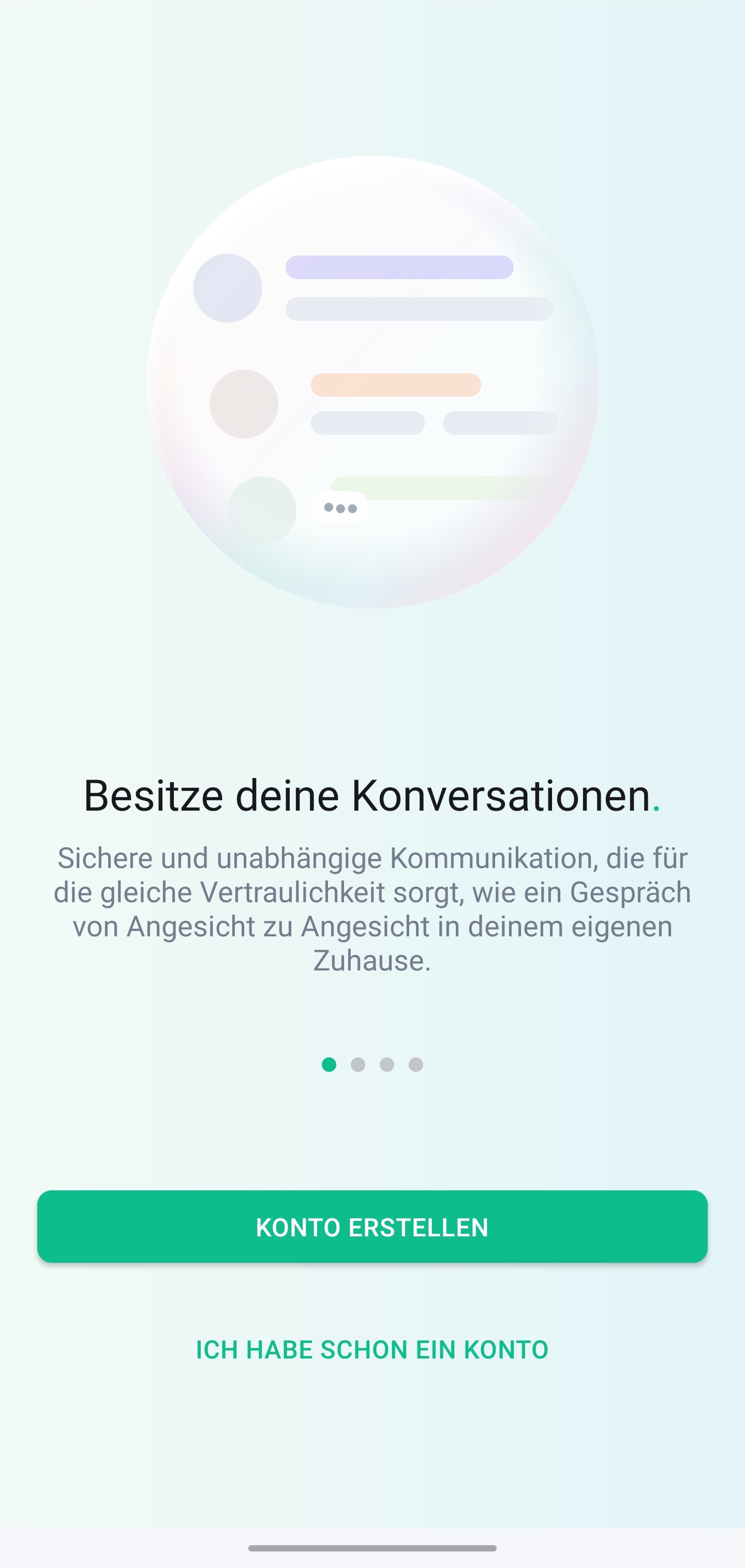 Einrichtungsanzeige der Element-App beim ersten Start. Es werden wischbare Hinweistexte angezeigt und darunter befinden sich die Buttons “Konto erstellen” und “Ich habe schon ein Konto”.