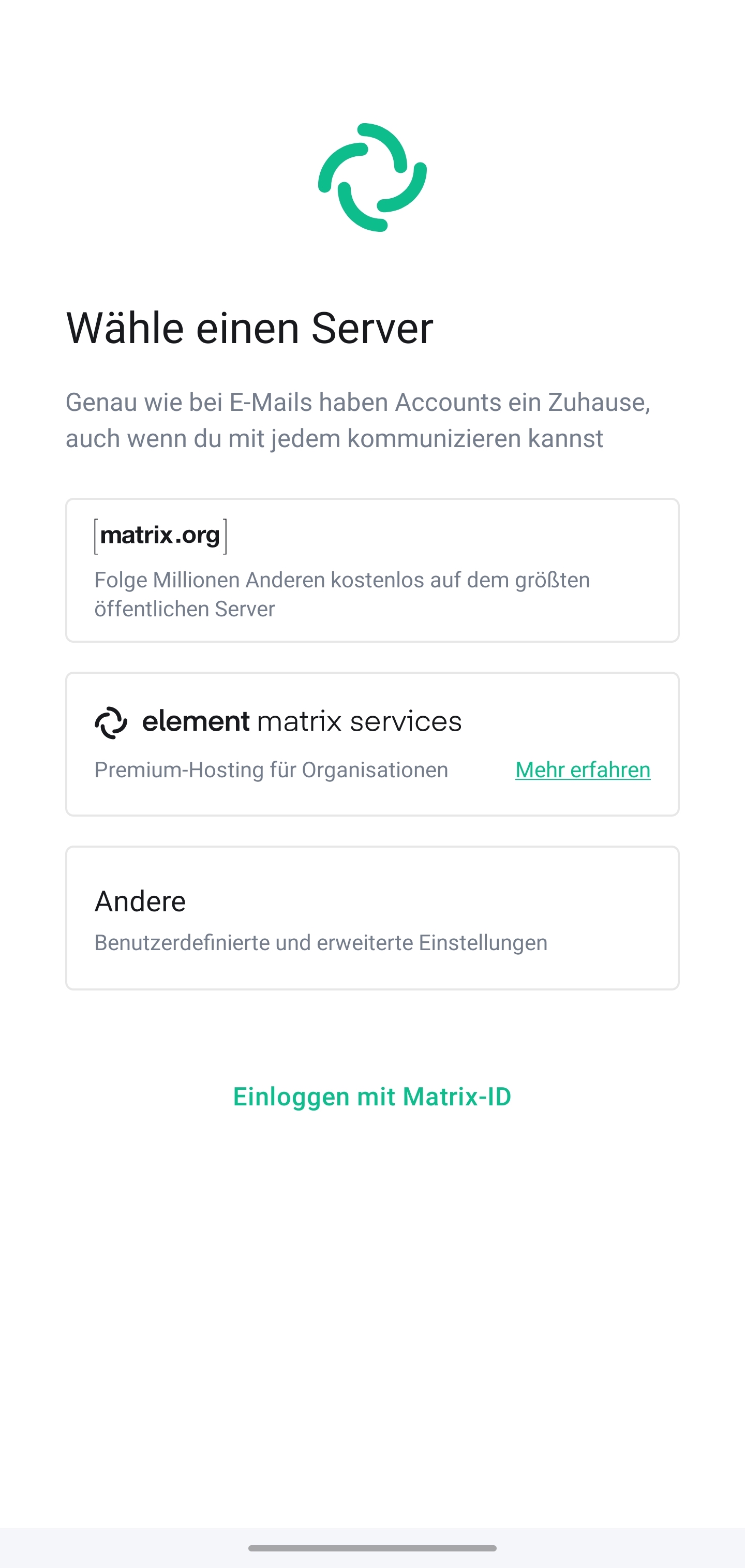 Auswahl eines Servers: Zu sehen sind die Optionen “matrix.org”, “element matrix services” und “Andere”