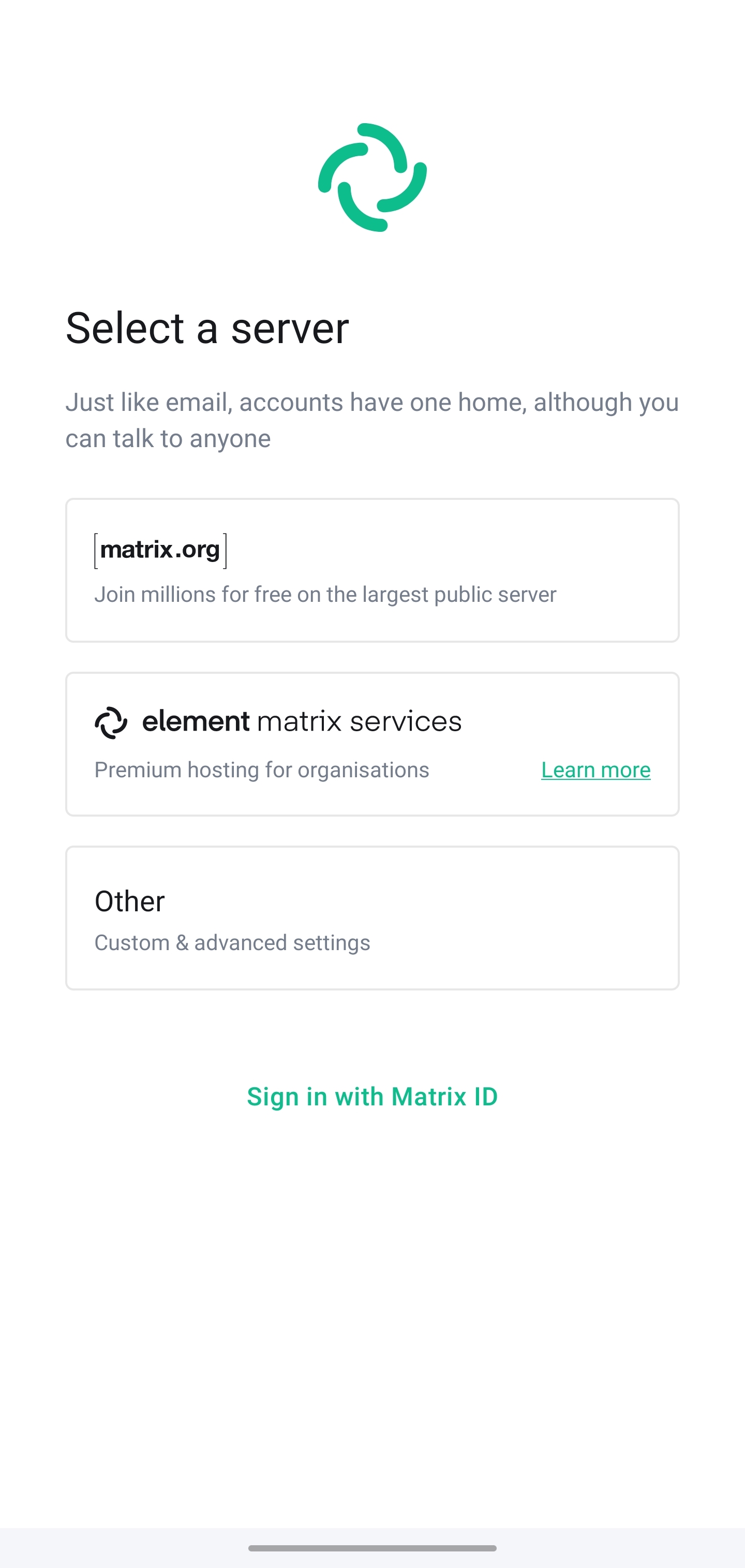 Selection of a server: You can see the options “matrix.org”, “element matrix services” and “Other”.