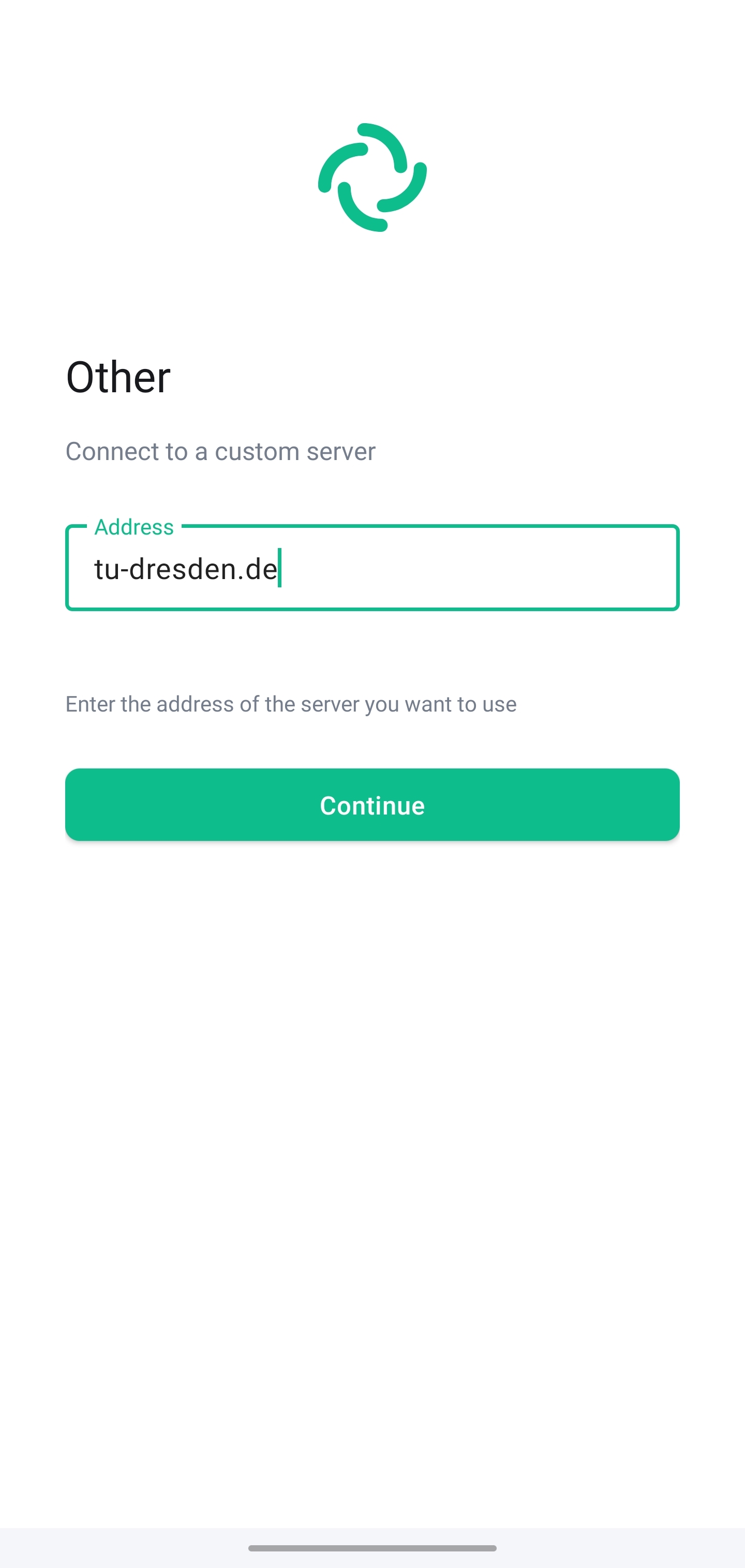 “Other” screen to connect to custom server. The Address text box requires the server address to be entered, and below it is the Continue button.