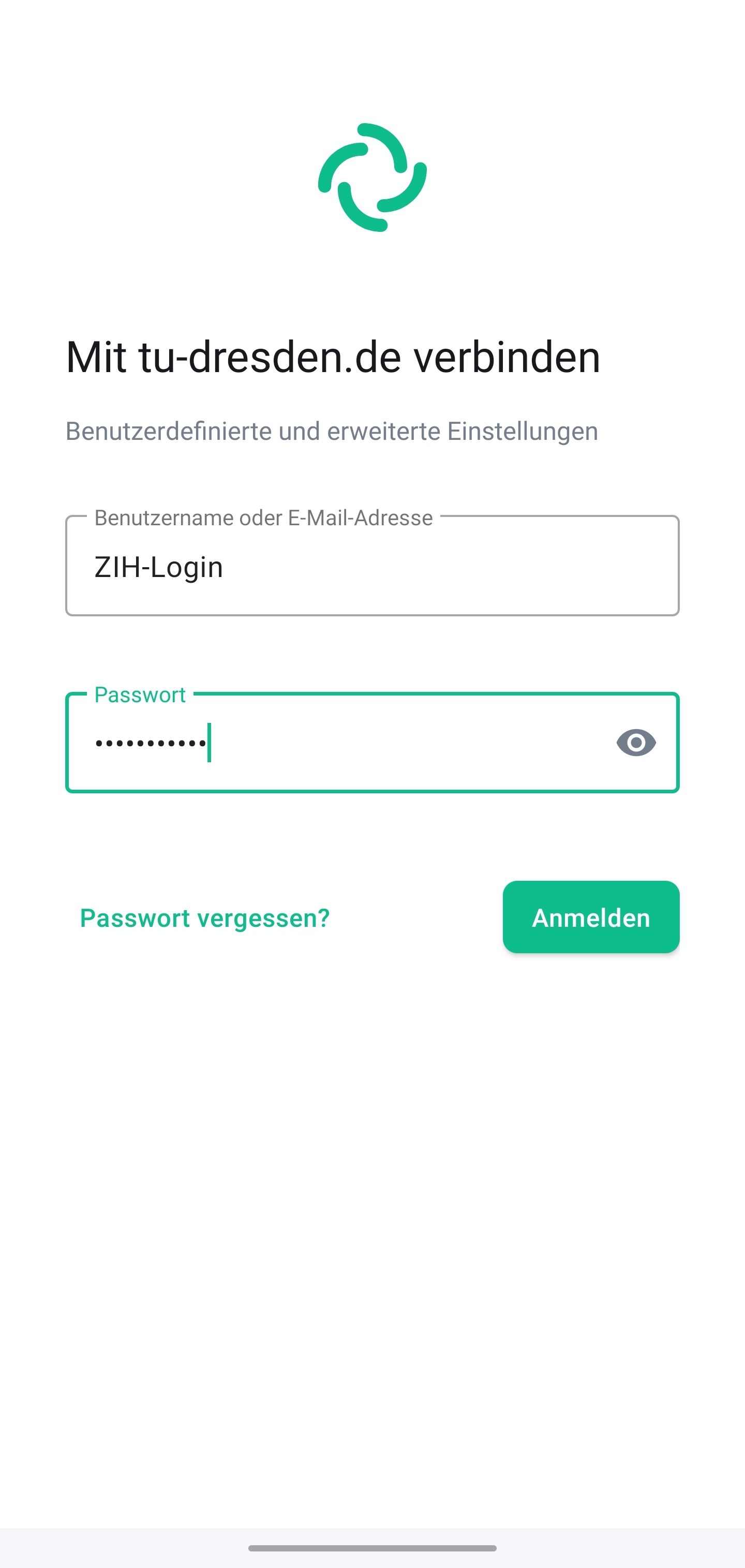 Bildschirm “Mit tu-dresden.de” verbinden erwartet im Textfeld “Benutzername oder E-Mail-Adresse” die Eingabe des ZIH-Logins und das Textfeld “Passwort” die Eingabe des ZIH-Passworts. Zum Verbinden befindet sich der Button “Anmelden” auf der Anzeige.