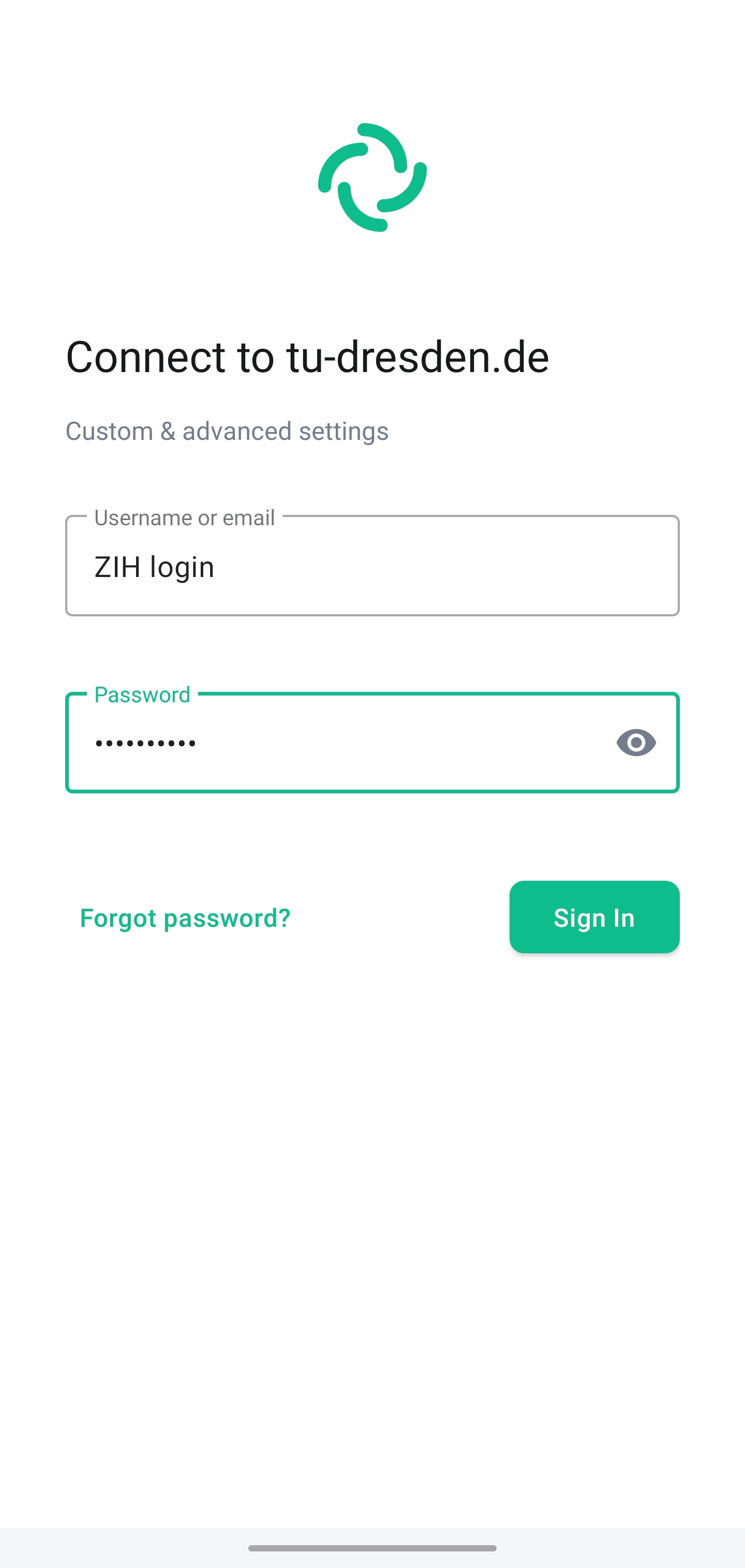 Screen “Connect to tu-dresden.de” expects the input of the ZIH login in the text field “Username or email” and the input of the ZIH password in the text field “Password”. To connect, the button “Sign in” is on the display.