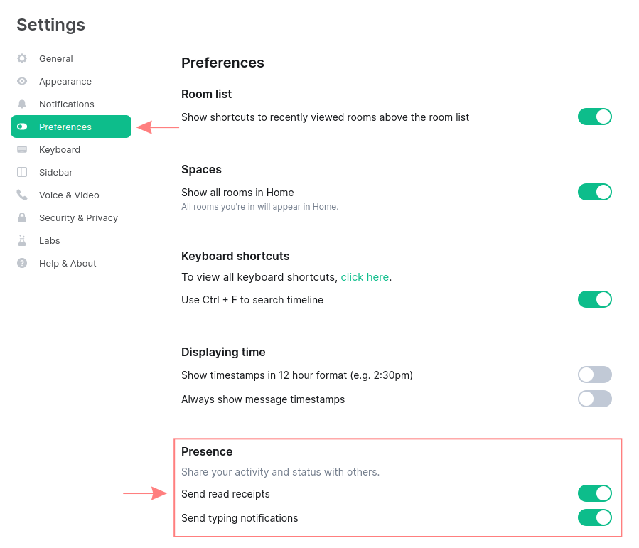 Explanatory screenshot to the previous description with marker on the Preferences tab and Presence section